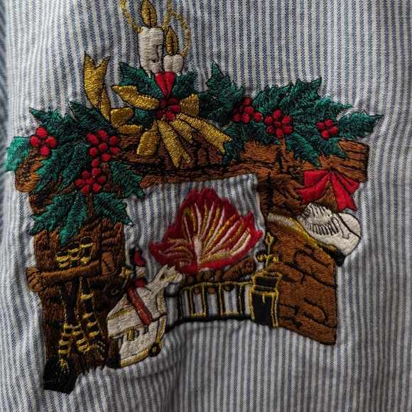 Vintage BSA Women Size Large Denim Embroidered Christmas Button Shirt Long Sleev - Picture 3 of 7